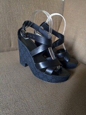 Gucci Black Strappy GG Logo Platform Wedge Sandals Size 8B